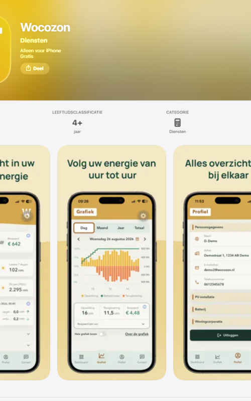 Voorbeeldschermen van de Wocozon app met inzicht in zonne-energie, energieverbruik per uur en profielgegevens.