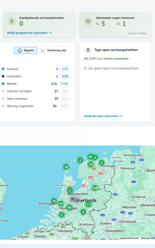 Voorbeeld van het Wocozon Portal met installatiestatus, serviceopdrachten, bewonersvragen en een kaartweergave.