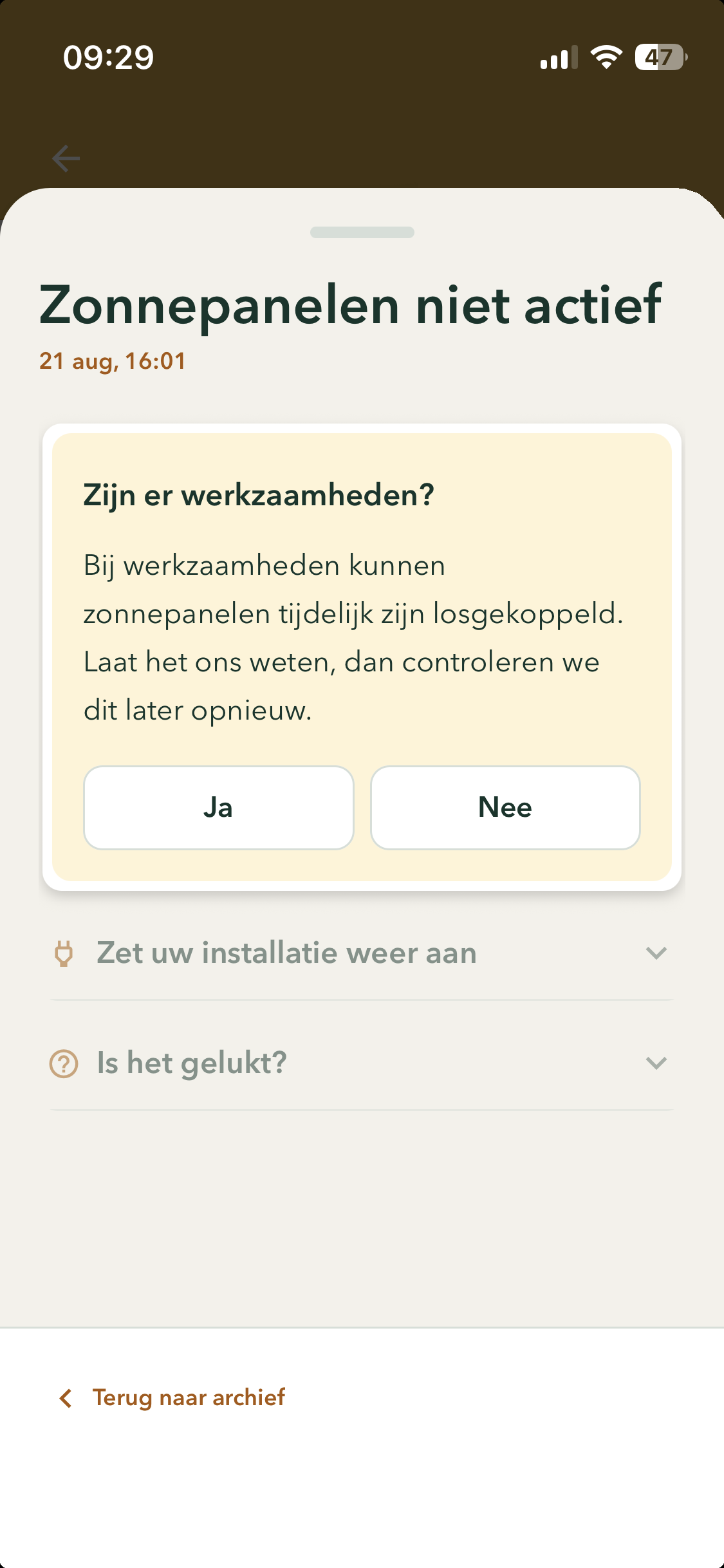 Wocozon smartphone app - Melding wanneer energiesysteem uit blijkt te staan